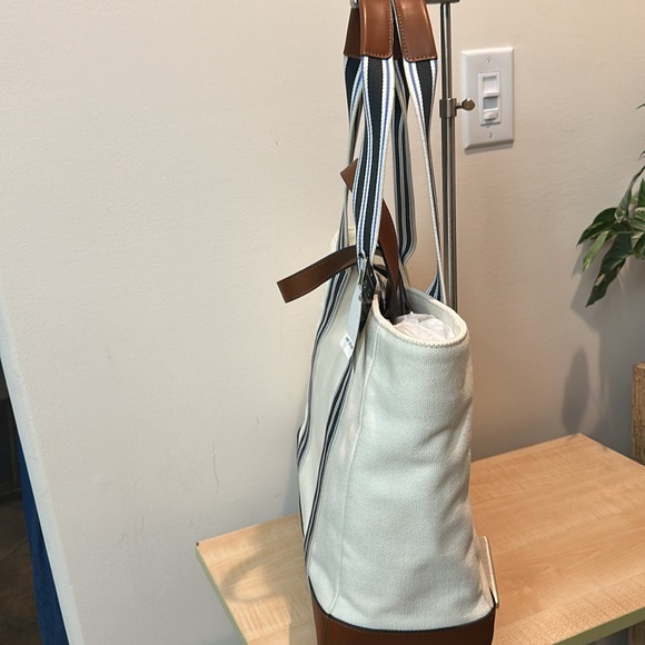 Lauren Lora Canvas Leather Off White Nautical Striped Snap Close Tote